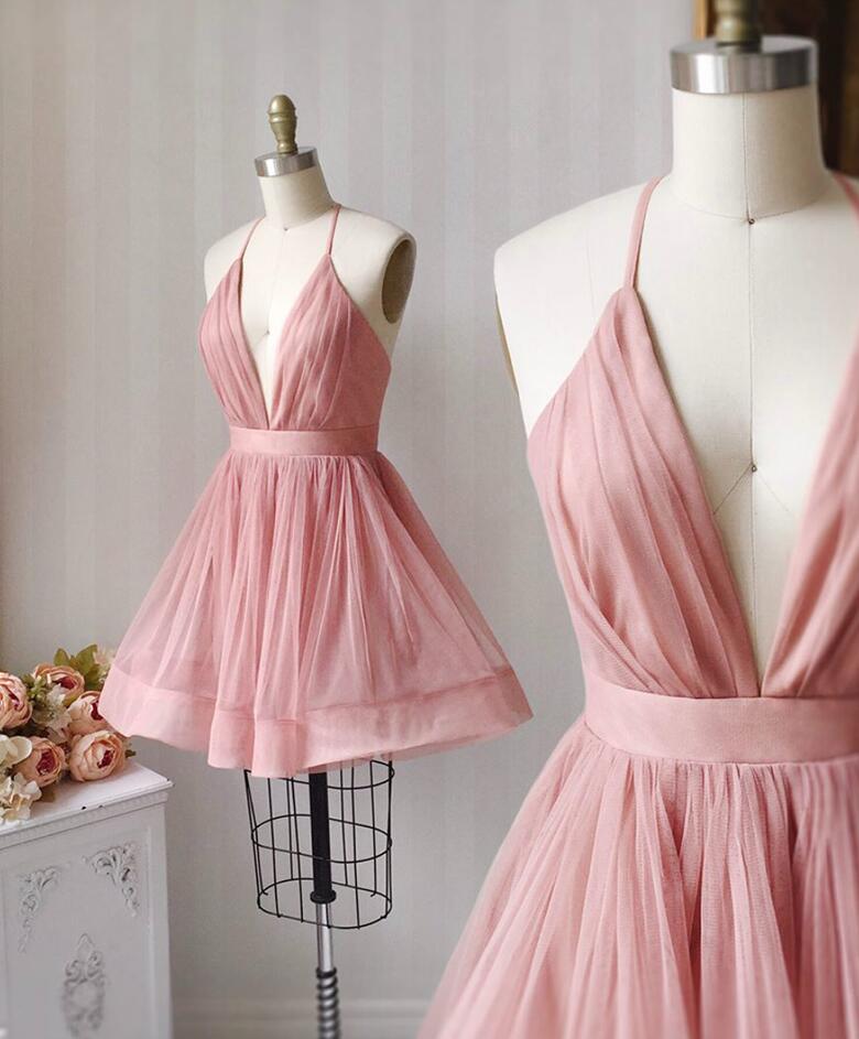 Cute Pink V Neck Tulle Short Prom Dresses