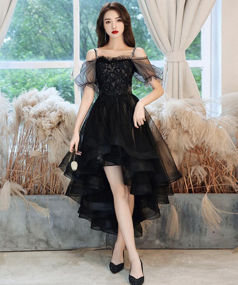 Off Shoulder Black High Low Prom Dress With Lace