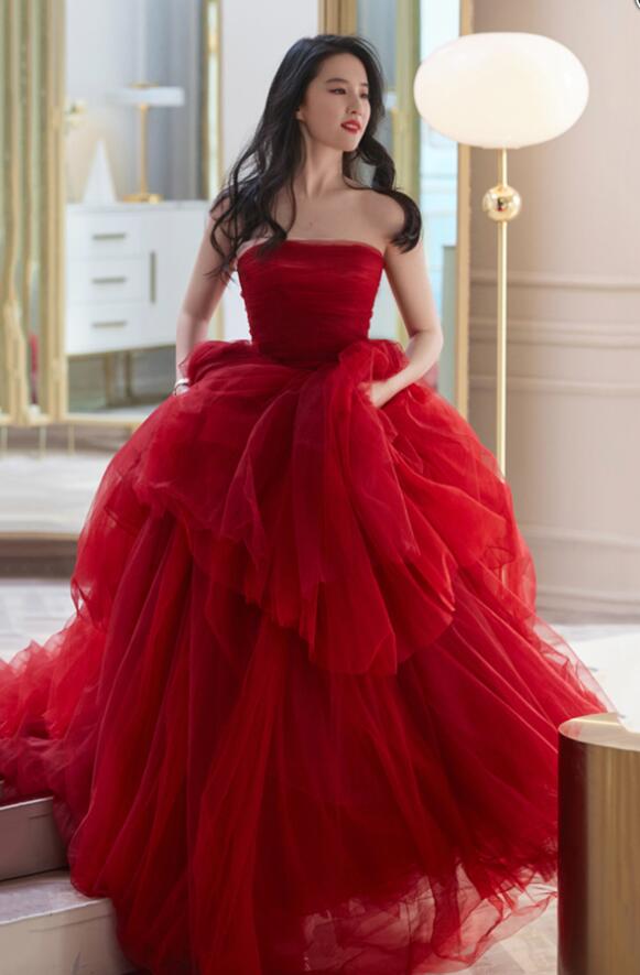 Red Tulle  Strapless Split Front Long Prom Evening Dresses ZXS612 main image 1