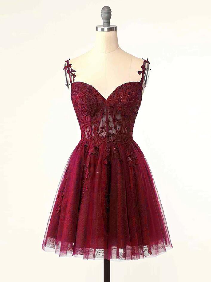 A-line Burgundy Tulle Lace Short Prom Dress,homecoming Dress