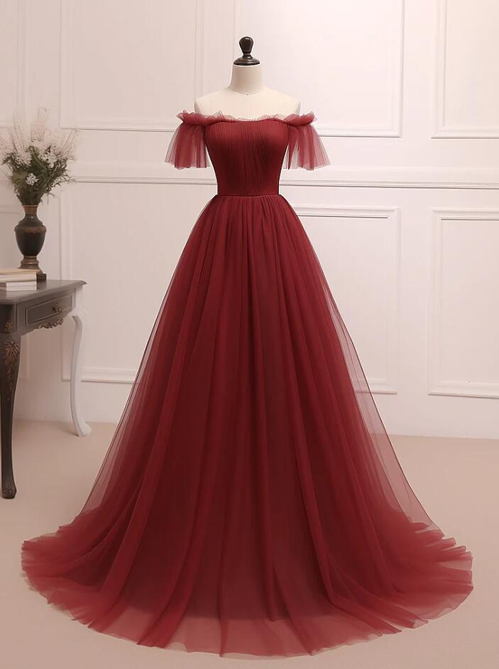 A-line Burgundy Tulle Long Prom Dresses