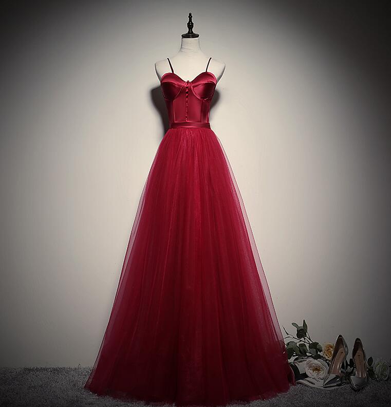 Gorgeous A-line Dark Red Straps Tulle Long Party Dresses