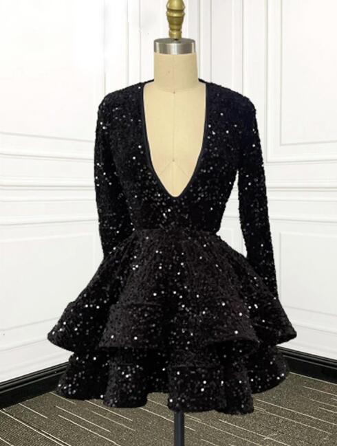 Glitter Black Sequin Prom Dresses, Sparkly Party Dresses
