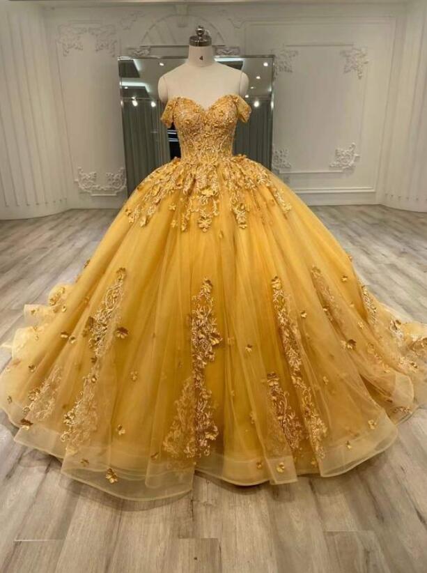 Off Shoulder Tulle Yellow Quinceanera Dresses Sweetheart Ball Gowns Prom Dresses