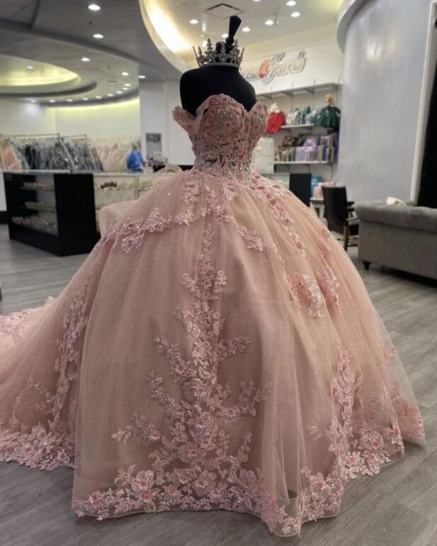 Mermaid Ball Gown Pink Lace Long Prom Dresses, Sweet 16 Dresses