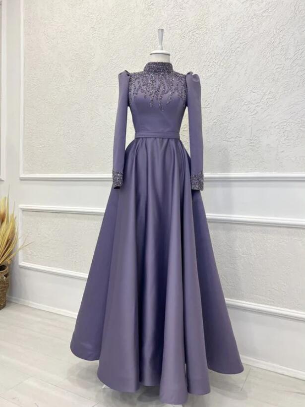 Modest A-line Purple Long Sleeves Prom Dress