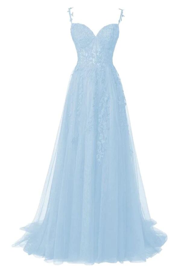 A Line Straps Lace Appliques Tulle Long Prom Dresses For Teens