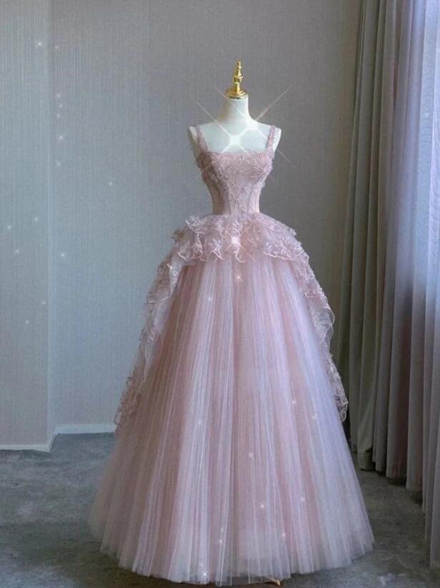 A Line Pink Tulle Lace Long Prom Dress