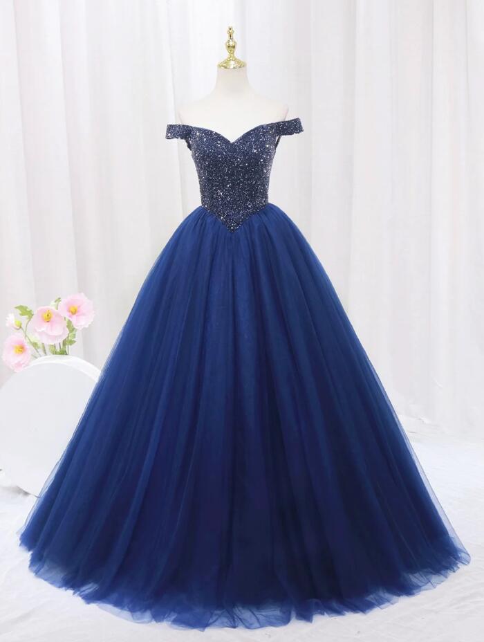 Off The Shoulder Blue Tulle Beaded Long Prom Dress, Evening Dress on Luulla
