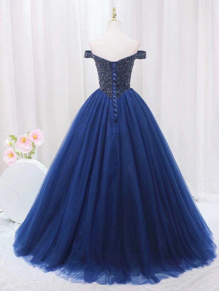 Blue Tulle Beaded Long A Line Prom Dress Formal Evening Dress Ball Gown Y7627
