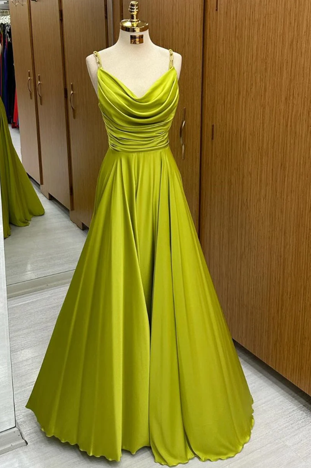 Green Long Prom Dresses 2025 Strap A-Line Olive Green Cowl Neck Chain Long Prom Dress Green Long Prom Dresses 2025 Strap A-Line Olive Green Cowl Neck Chain Long Prom Dress