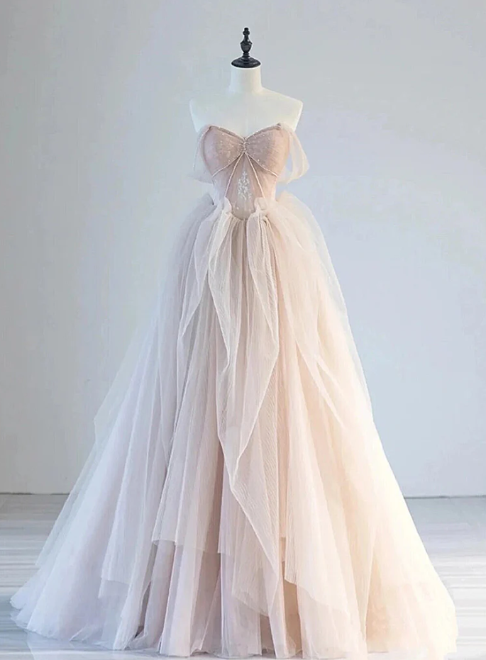 A-line Off Shoulder Tulle Lace Champagne Pink Long Prom Dresses on Luulla
