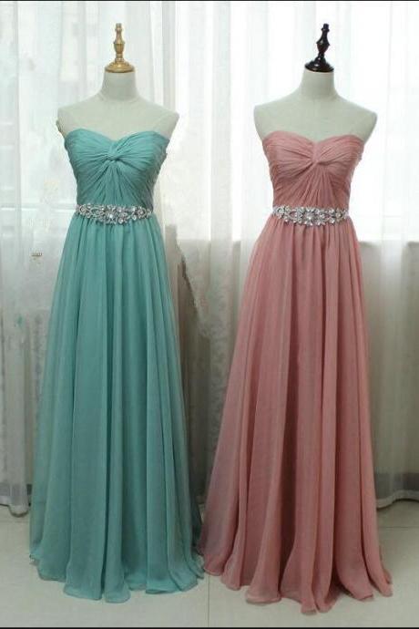 Strapless Sweetheart Ruched Beaded Chiffon A-line Floor-length Prom Dress, Evening Dress