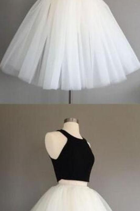 black and white, 2 pieces prom dress, A-line, O-neck, tulle homecoming dress, homecoming dresses, short prm dress, granduation dress