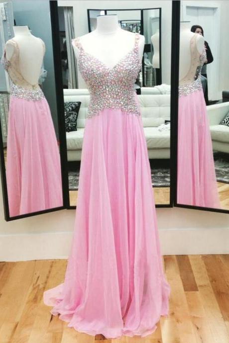 Sexy V-neck Prom Dress, Pink Rhinestone Prom Dress, Unique Prom Dress, Popular Backless Prom Dress, Sexy Evening Dress