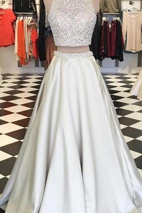 Custom Made White Beaded Sequin Two-piece Satin Prom Dress, Bridesmaid Dress