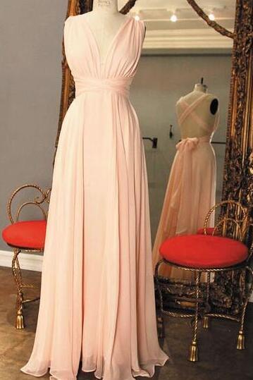 Pink Chiffon Plunge V Sleeveless Floor Length A-Line Bridesmaid Dress Featuring Criss-Cross Open Back, Formal Dress