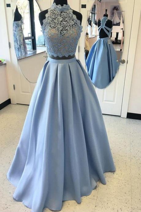 Beauty High Fashion Two-piece Prom Dress, A-line Blue Satin Long Prom Dress With Lace