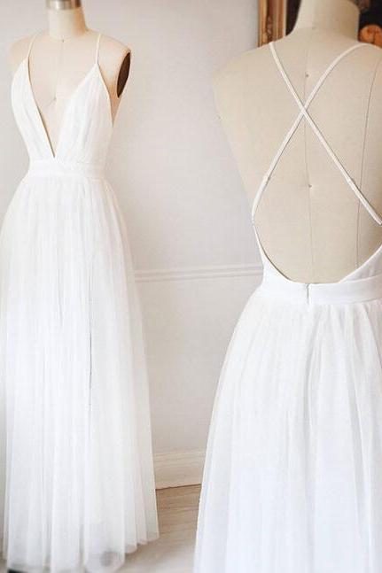 A-line V-neck White Prom Dress , Prom Dress , Tulle Long Prom/evening Dress With Backless