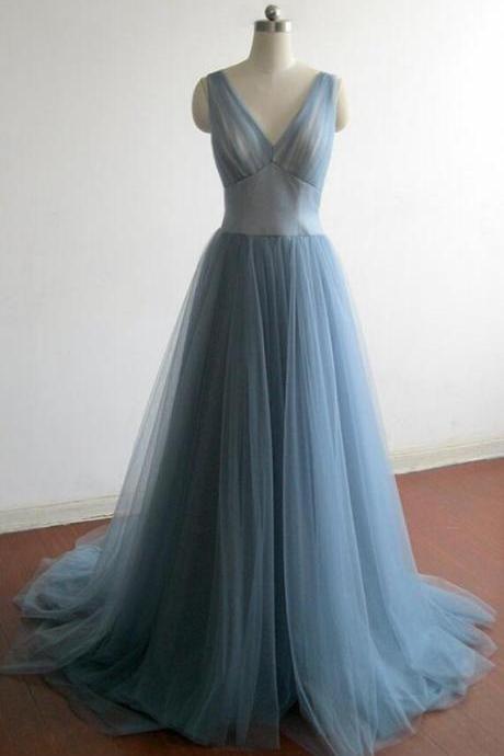 Grey Blue Tulle Long Prom Dress,elegant Prom Dress,v Neck Bridesmaid Dress,2017 Evening Dress