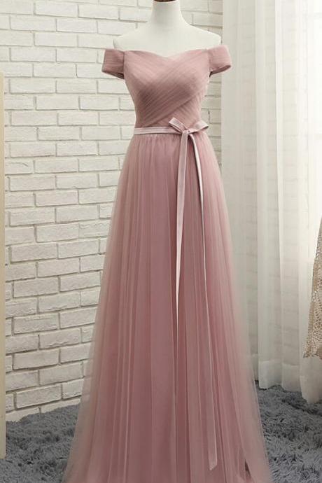 Off Shoulder Elegant Blush Tulle Bridesmaid Dress, Long Prom Dress With Sash,sweetheart Bridesmaid Dresses