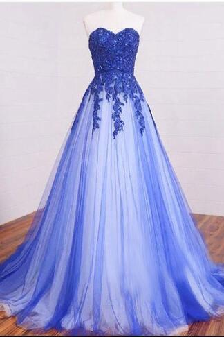 A-line Lace Tulle Long Prom Dresses, Sweetheart Formal Dresses, Blue Lace Long Prom Dress, Lace Evening Dress