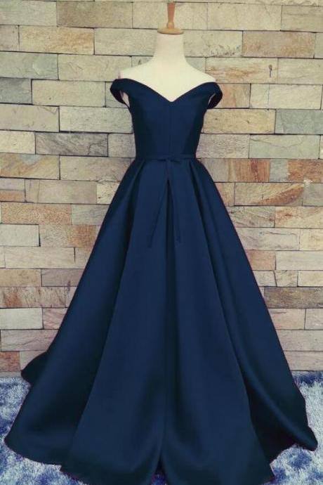 Off Shoulder Prom Dress,navy Blue Prom Dress, Lace Up Prom Dress,a Line Satin Ball Gown For Wedding