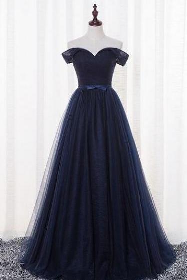 Beautiful Navy Blue Prom Dress,off Shoulder Tulle Long Prom Gowns, Fashion Prom Dress,sexy Party Dress,custom Made Evening Dress