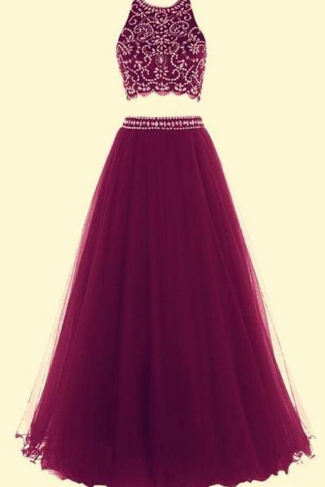 A Line Halter Long Burgundy Prom Dress,tulle Two Piece Prom Dress,beading Fashion Prom Dress,sexy Party Dress,custom Made Evening Dress
