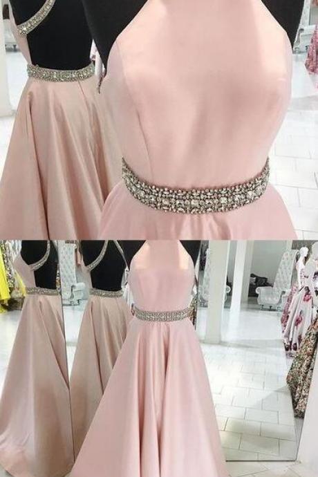 Backless Pink Beading Prom Dress,halter Sexy Prom Dress,custom Made Evening Dress