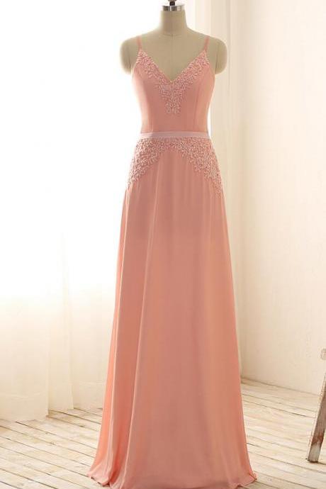Lace Appliqués Long Prom Dress,a-line Evening Dress ,featuring Plunge V Spaghetti Straps Bodice,evening Dress