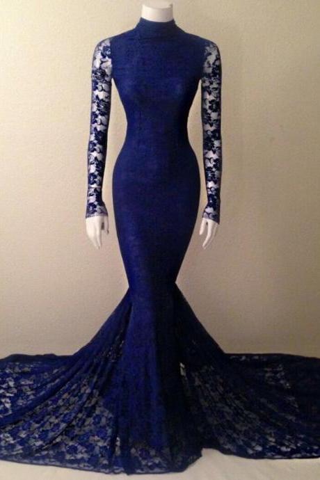 Navy Blue Prom Dress,soft Lace Long Sleeves Prom Dress,mermaid Evening Gown With High Neck