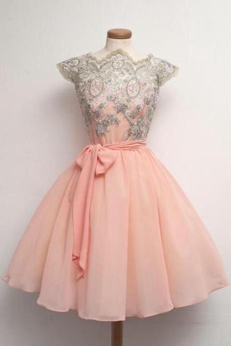 Skin Pink Prom Dress,Chiffon Cap Sleeves Short Hoemcoming Dress,Party Dress With Appliques