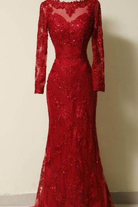 Lace Prom Dress,long Sleeves Sheath Evening Gown With Sweep Train