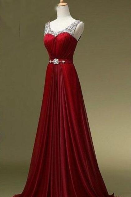 Wine Red Beaded Prom Dress,Floor Length Chiffon Prom Dress,Cheap Prom Gown