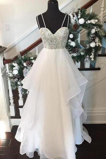 Sexy Tulle Beaded Sweetheart Prom Dress,layered Skirt Wedding Dress With Spaghetti Straps