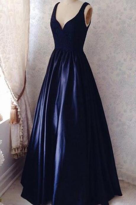 Simple V-neck Sleeveless Prom Dress,formal Dress,floor-length Ruched Navy Blue Prom Dress