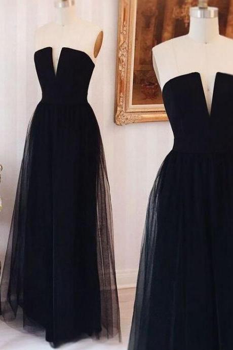 Simple Strapless Black Prom Dress, Tulle Long Prom Dress/evening Dress