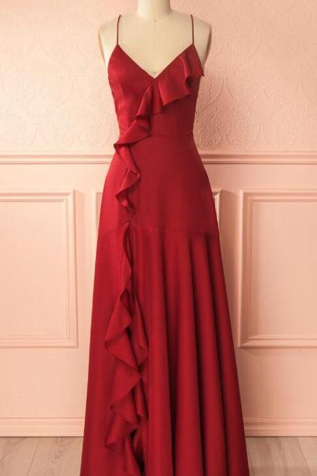 Simple Burgundy Prom Dress,v Neck Long Prom Dress,lace Up Back Formal Dress,prom Dress With Ruffles