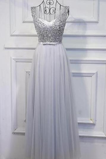Beauty Beaded Scoop Tulle Grey Prom Dress,long A Line Seuqined Evening Dress With Sash,patty Dress
