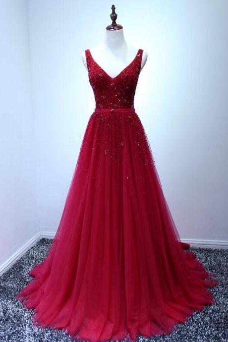 V-neckline Prom Dresses,tulle Red Prom Dresses,red Tulle Beaded Party Dresses,v-neckline Red Tulle Formal Party Dresses,v-back Party Dress
