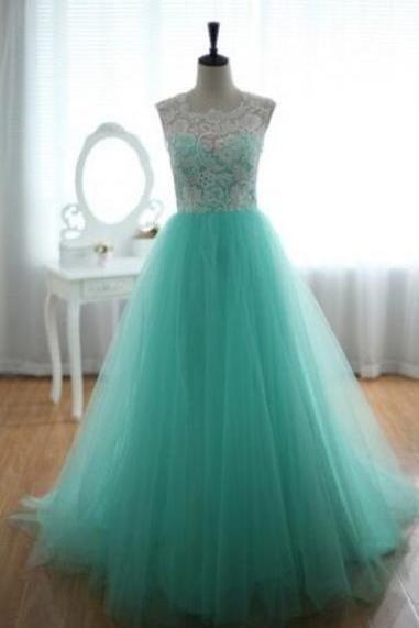 Floor Length Mint Tulle Prom Dress , Prom Dress,lace Prom Dress