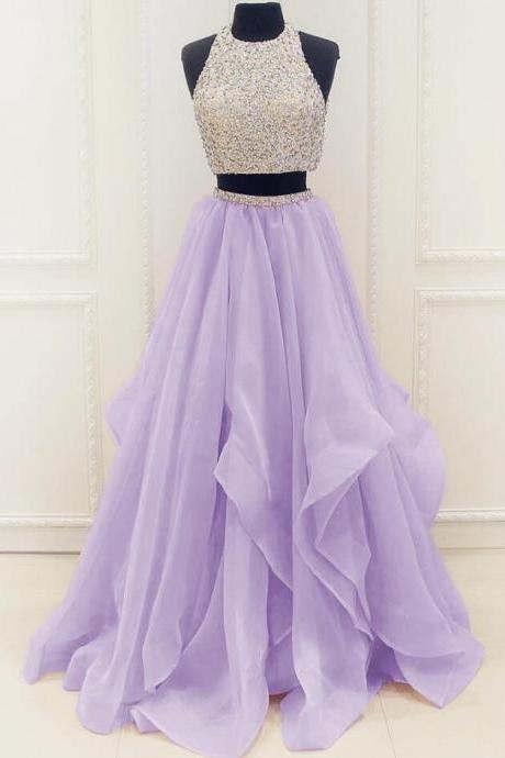 A Line Two Piece Lavender Organza Prom Dress,sexy Two Piece Beaded Party Dress