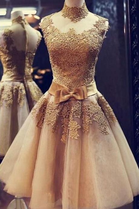 Champagne High Collar Prom Dress, Applique Prom Dress,bowknot Prom Dress,mini Homecoming Dress, Evening Dress