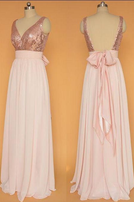 Rose Gold Chiffon Prom Dress,v-neck Prom Dress,a-line Floor-length Dress Featuring Sequinned Bodice And A Back Bow