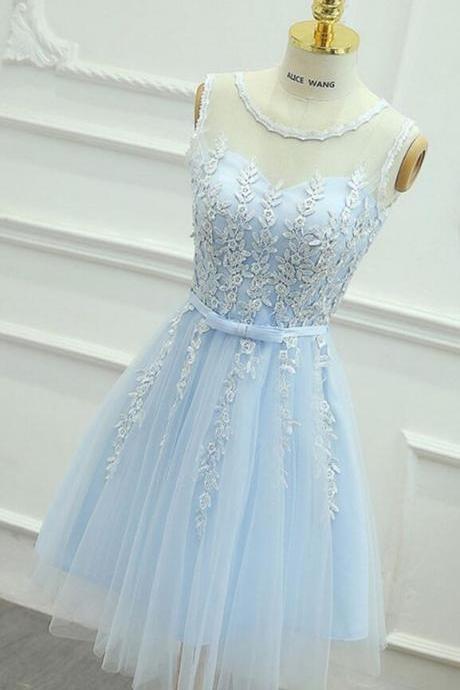 Cute Round Neck Lace Tulle Homeoming Dresses, Baby Blue Homecoming Dresses, Short Homecoming Dress, Prom Party Dresses