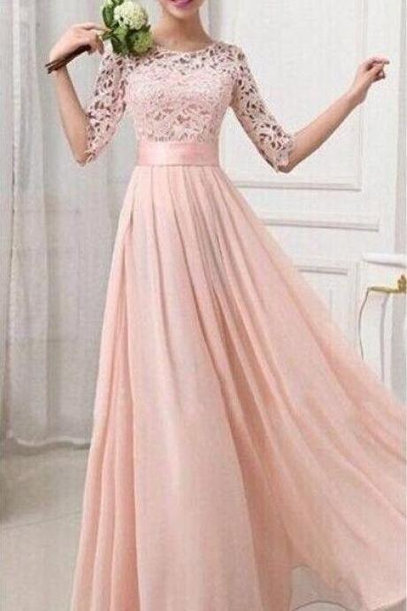A Line Round Neck Prom Dress,Half Sleeves Pink Long Prom Dresses, Custom Made Evening Dresses, Pink Bridesmaid Dresses