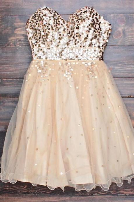 Gold Sequin Homecoming Dresses,Sweetheart Strapless Party Dresses, Short Prom Dresses, Gold Bridesmaid Dresses, Cocktail Dresses