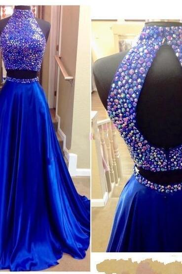 Two Pieces Beaded Neck Prom Dress, Sexy Keyhole Back And Rhinestones Real Pictures ,high Neck Beaded Royal Blue Prom Dress,satin Two Pieces Prom