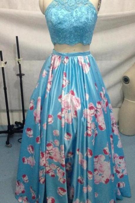Custom Made Two Pieces Long Dresses, Light Sky Blue Halter Neck Prom Dress,lace Bodice Satin Floral Prom Dresses